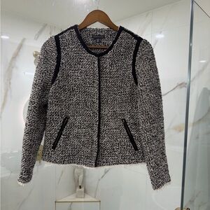 Saks Fifth Avenue Bouclé Tweed Jacket Zip Pockets Black White Size 8